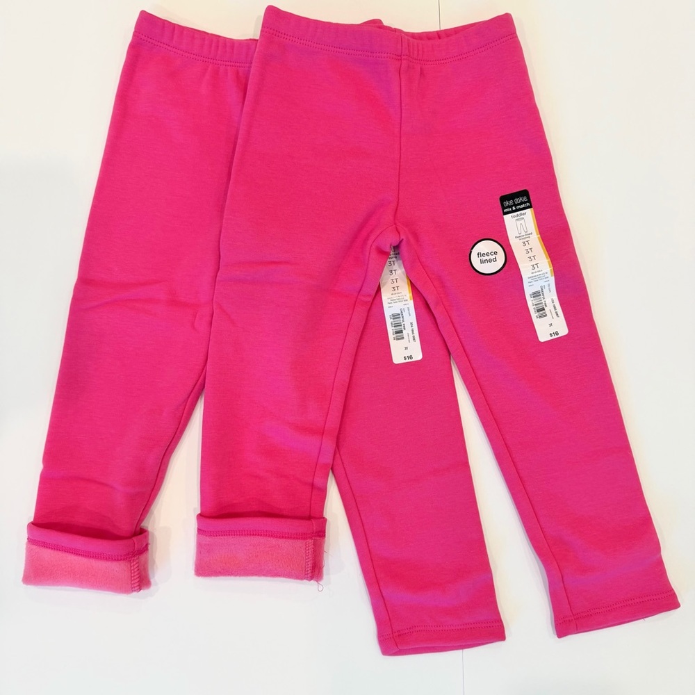 2 Pairs Set Okie Dokie Fuchsia Pink Toddler Girls Fleece Lined Leggings - 3T